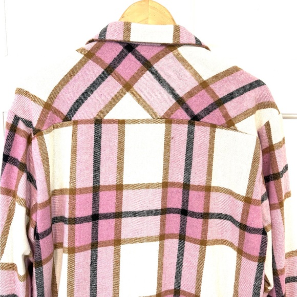 Women’s Pink Plaid Flannel Shirt Jacket Grunge Cozycore Soft Button Down Sz L - Picture 8 of 12